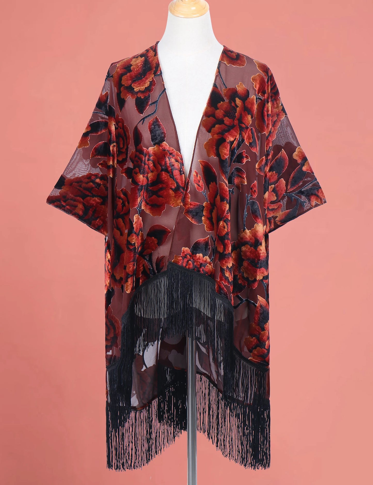WeHello Bohemian burnt plush kimono Women's long Purple Tassel Beach Cover-up Holiday Casual Cardigan Shawl JYPF-20