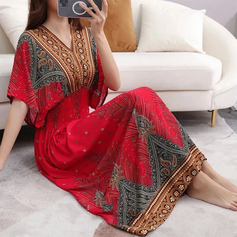 Casual Elegant Retro Bohemian National Style V-neck Elastic Waist Large Swing Printed Summer Long Skirt Woman Dress Clothes