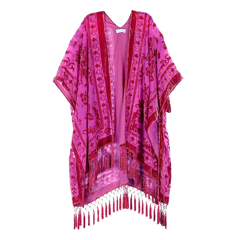 WeHello Bohemian burnt plush kimono Women's long Purple Tassel Beach Cover-up Holiday Casual Cardigan Shawl JYPF-20