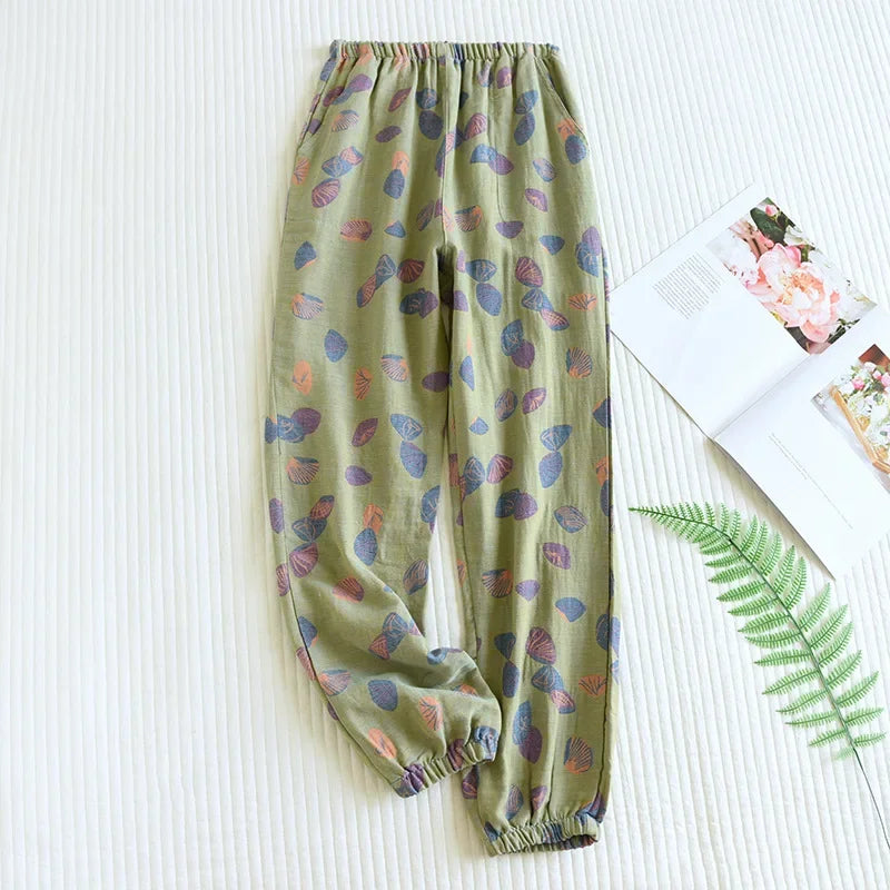 2025 New Spring Summer Women's Pajamas 100% Cotton Crepe Pants Women's Comfortable Loose Large Leaf Home Pants Thin bottoms