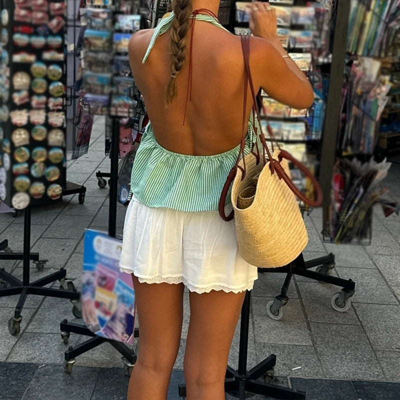 Bohemian Plaid Babydoll Tank Tops Coquette Tie-up Halter Neck Sleeveless Vest Summer Backless Crop Tops Women Holiday Streetwear