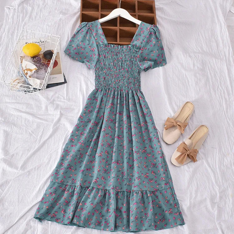 Sweet Spring Summer Floral Print Dress For Women Casual Square Neck Short Sleeve Elastic High Waist Midi Dresses With Ruffle Hem
