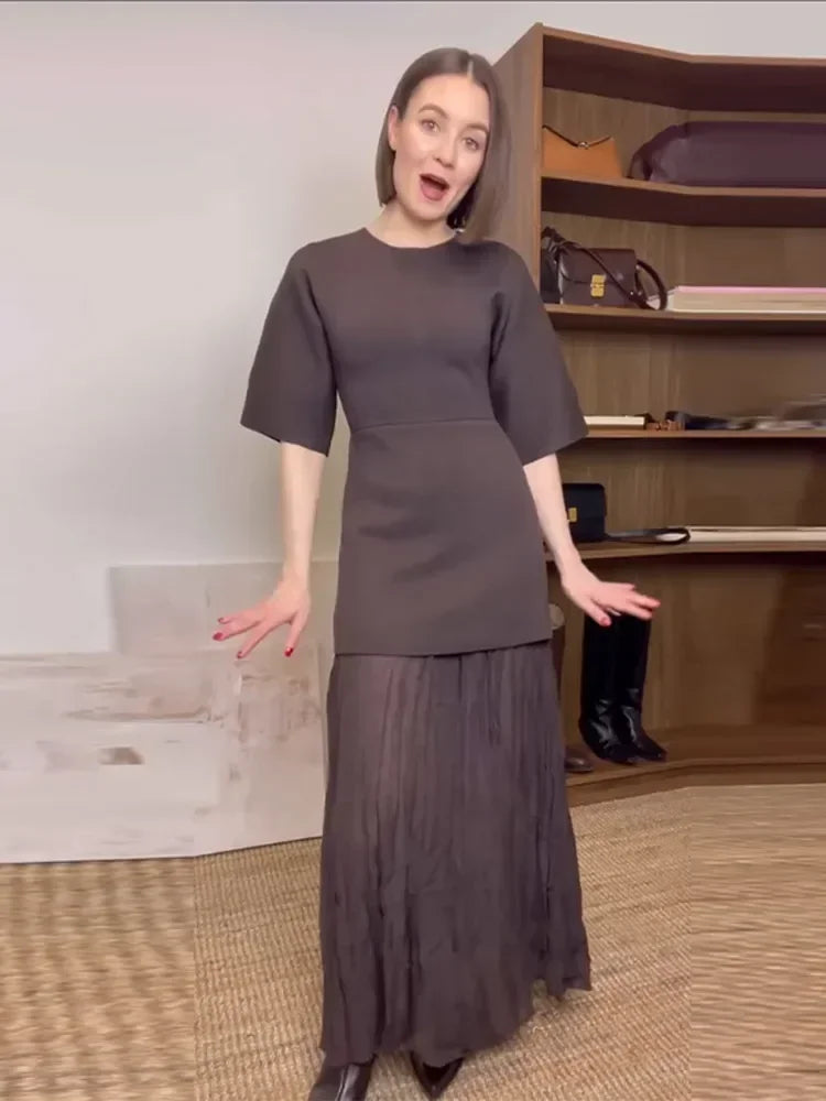 Elegant O Neck Short Sleeve Maxi Dress Women Fashion Solid Pleated Gauze Patchwork Dresses 2025 New Lady Office Commute Vestidos