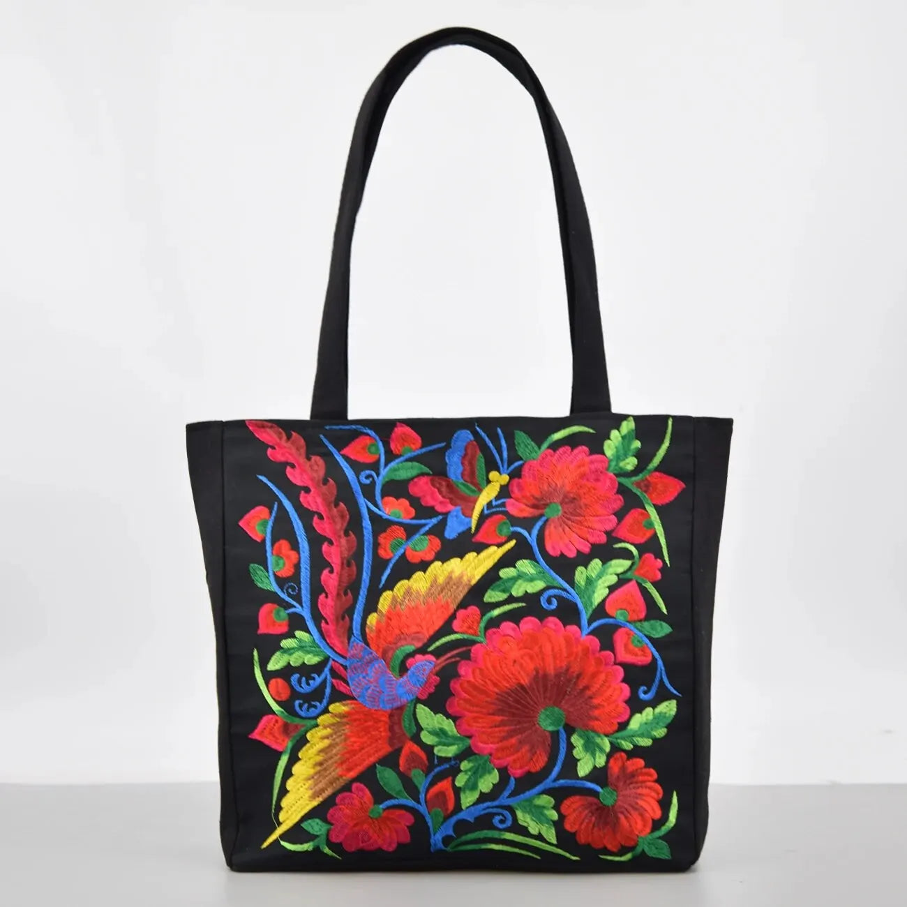 Ethnic Style Flower Embroidery Canvas Tote Shoulder Bag Large Capacity Handbag For Women