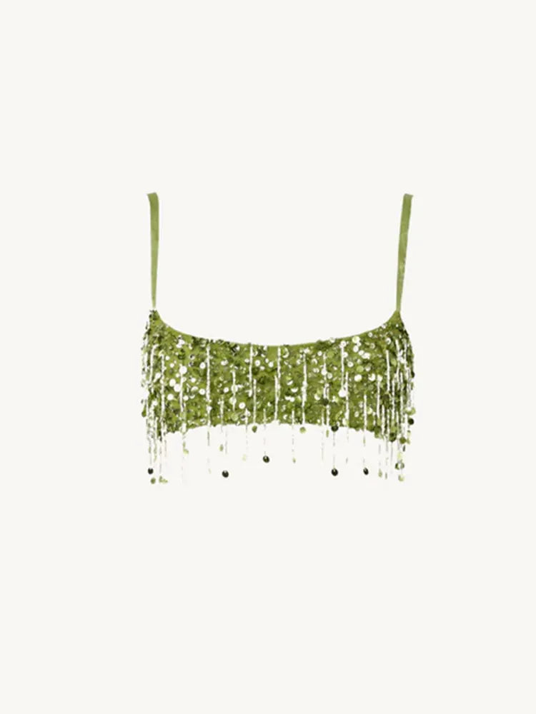 Sexy Sequin Tassels Beach Outfits Women Shiny Fashion Bikinis Sets Female 2025 Summer Holiday High Street Raves Sets 2 Pieces