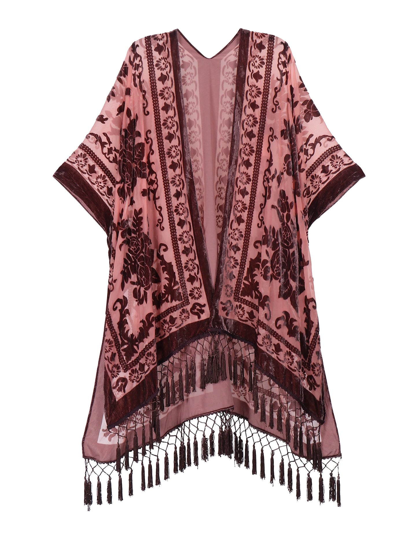 WeHello Bohemian burnt plush kimono Women's long Purple Tassel Beach Cover-up Holiday Casual Cardigan Shawl JYPF-20