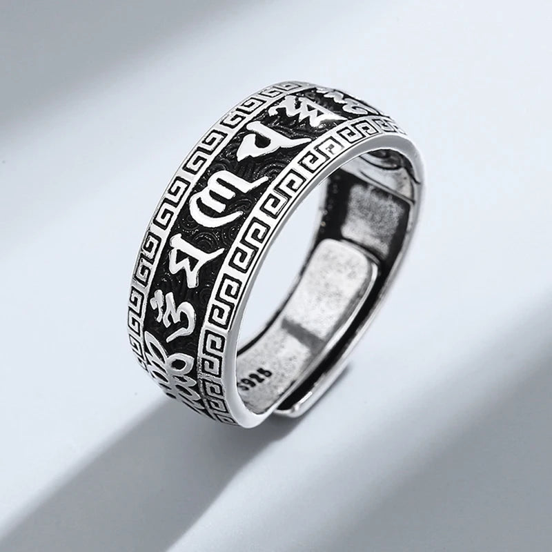 Retro Ancient Silver Plated Buddhist Six Character DAMING Mantra Tibetan Resizable Ring for Men Feng Shui Amulet Protection Ring