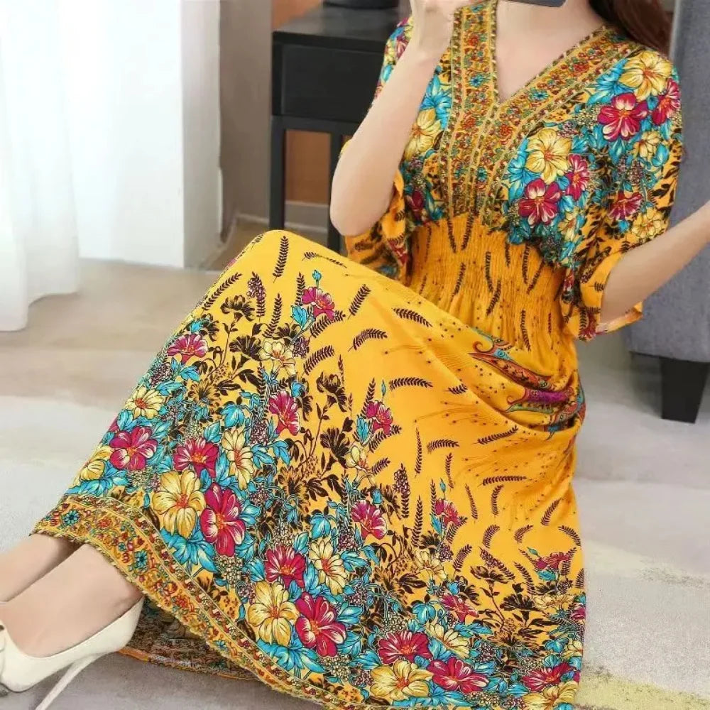 Casual Elegant Retro Bohemian National Style V-neck Elastic Waist Large Swing Printed Summer Long Skirt Woman Dress Clothes