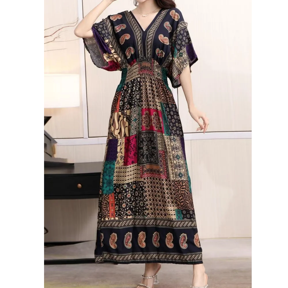 Casual Elegant Retro Bohemian National Style V-neck Elastic Waist Large Swing Printed Summer Long Skirt Woman Dress Clothes
