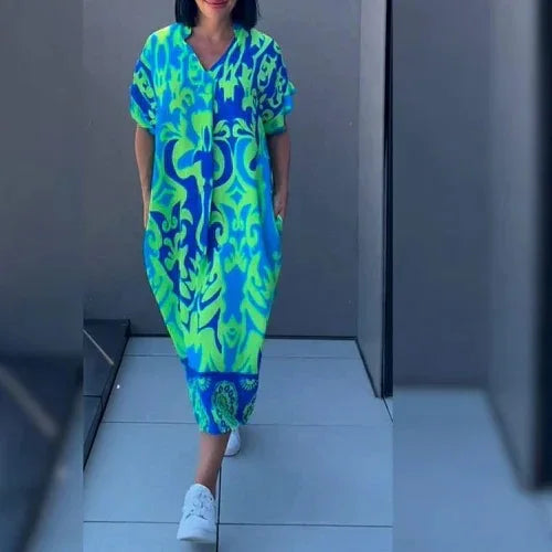 Women's Short-sleeve New V-neck Print Casual Dress Summer Fashion Elegant Office Party Holiday Women Clothes Dresses Robe Femme