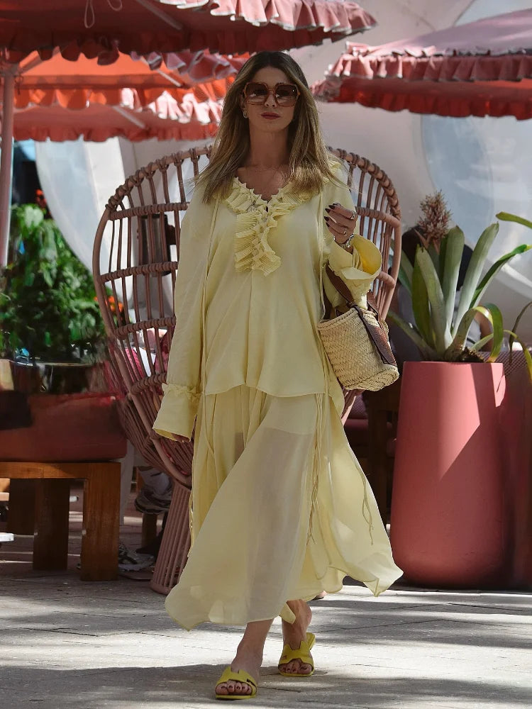 Yellow Casual Ruffles Lace-up Shirts For Women Fashion Loose Long Sleeve V Neck Summer Blouse Lady Lightweight Holiday Tops 2025