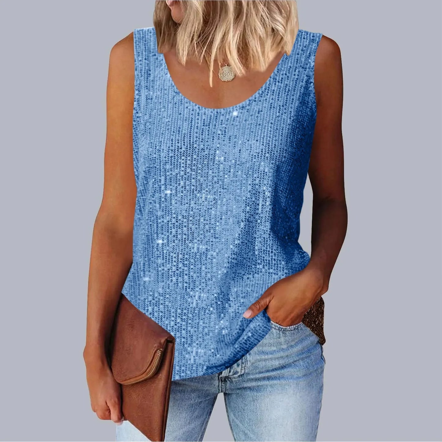 Women's Loose-Fit Round Neck Vest Polyester Fiber Metal Patch Decorative Women's Sweater