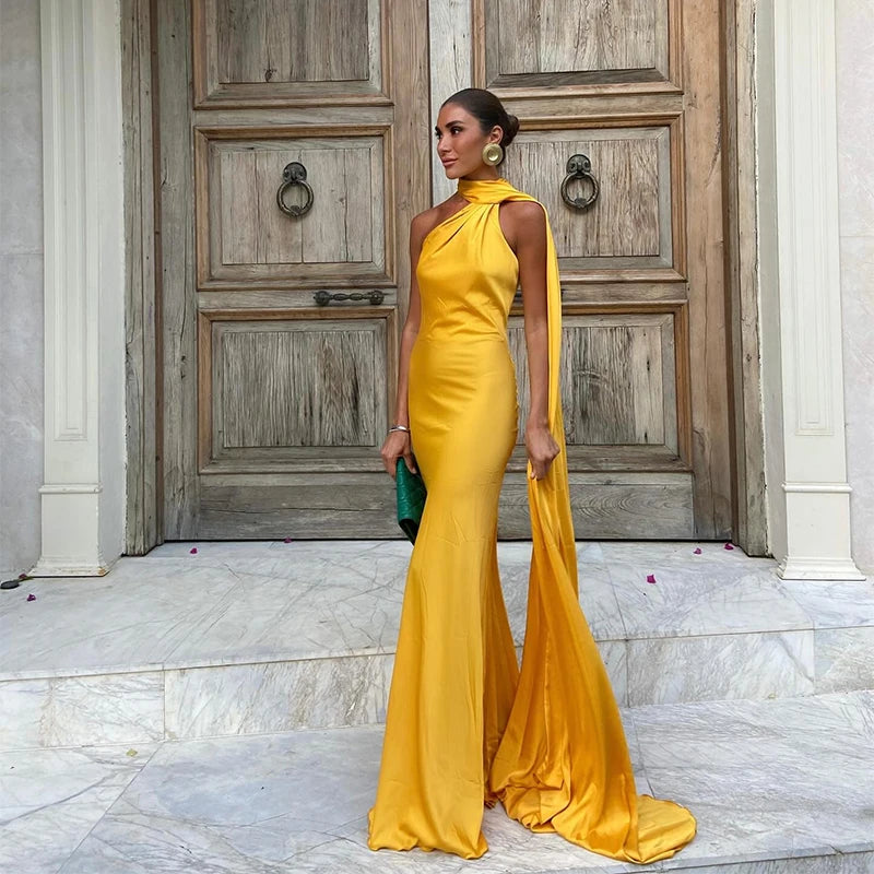 Elegant Satin Ribbons Halter Party Dress Women's Sexy Backless Off Shoulder Sleeveless Robes 2025 Summer New Lady Evening Gowns