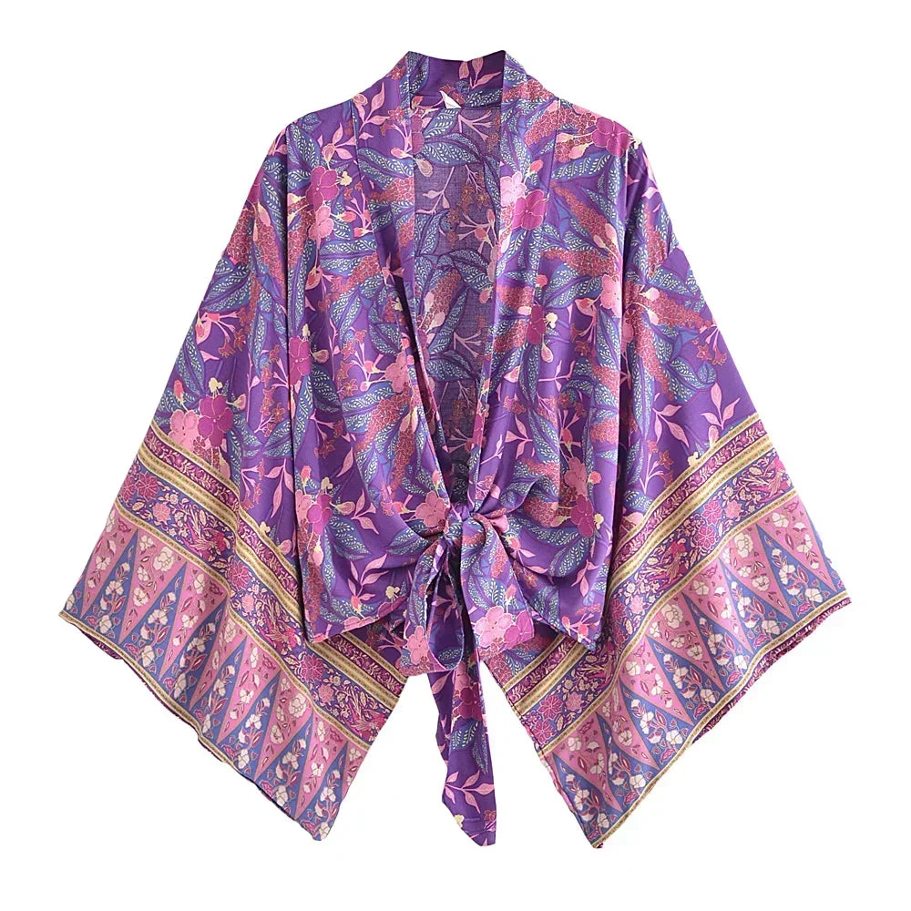 Happie Queens Floral Print Sashes Short Kimono Women Fashion V Neck Batwing Sleeves Robe Lady Boho Bikini Cover-ups