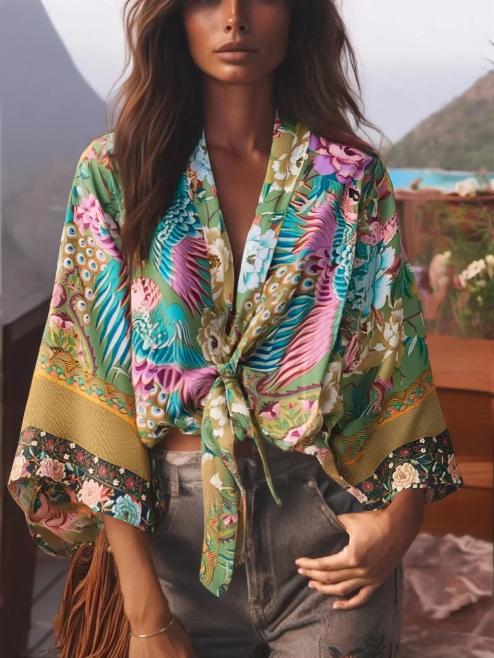 Happie Queens Floral Print Sashes Short Kimono Women Fashion V Neck Batwing Sleeves Robe Lady Boho Bikini Cover-ups