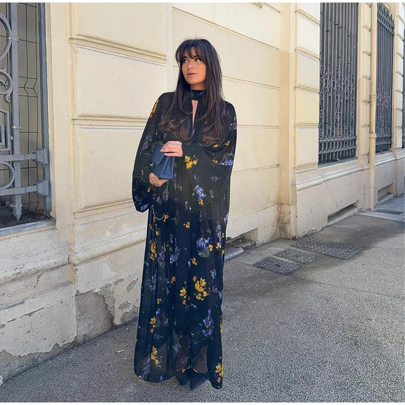 Elegant Printed Boho Long Dresses Women Loose Chic Turtleneck Lantern Sleeve Floral Robes 2025 Spring Summer Lady Vacation Dress