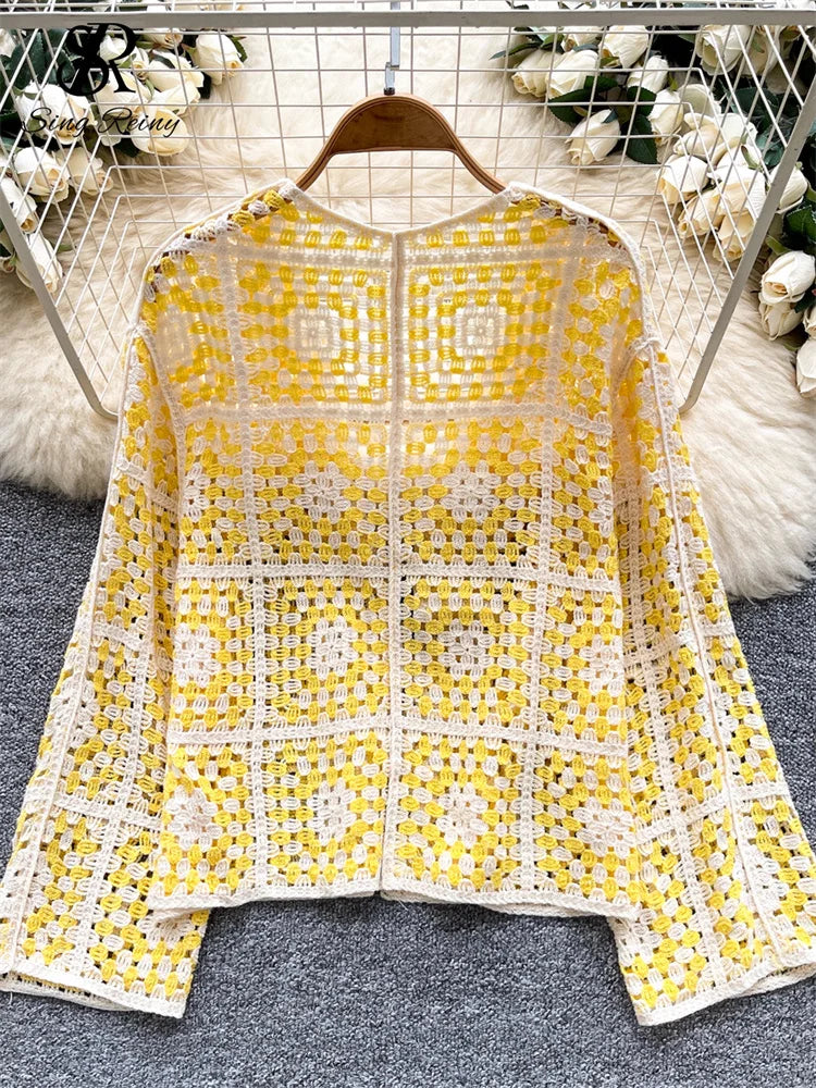 Vintage Boho Loose Plaid Cardigans Female Long Sleeves Hook Flower Hollow Tops 2025 Vacation Sunscreen Casual Shirt