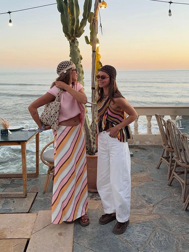 Sexy Striped Women's Vest Halter Sleeveless Ruffles Irregular Lady Vest 2026 Spring Summer New Female Street Vacation Tops