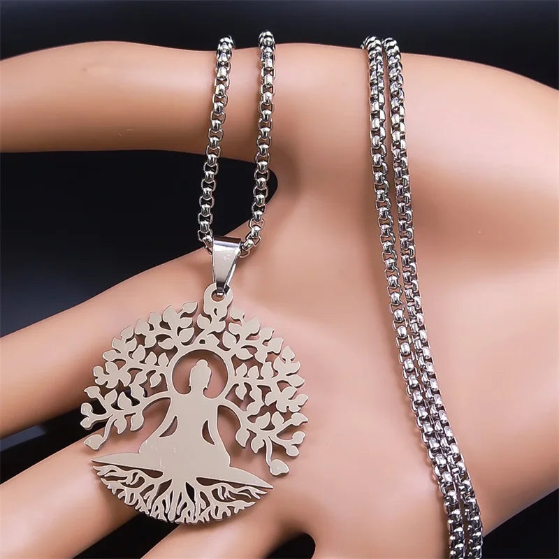 Buddhism Meditation Buddha Yoga Pendant Necklace Stainless Steel Tree of Life Buddhist Chakras Reiki Chain Jewelry collar