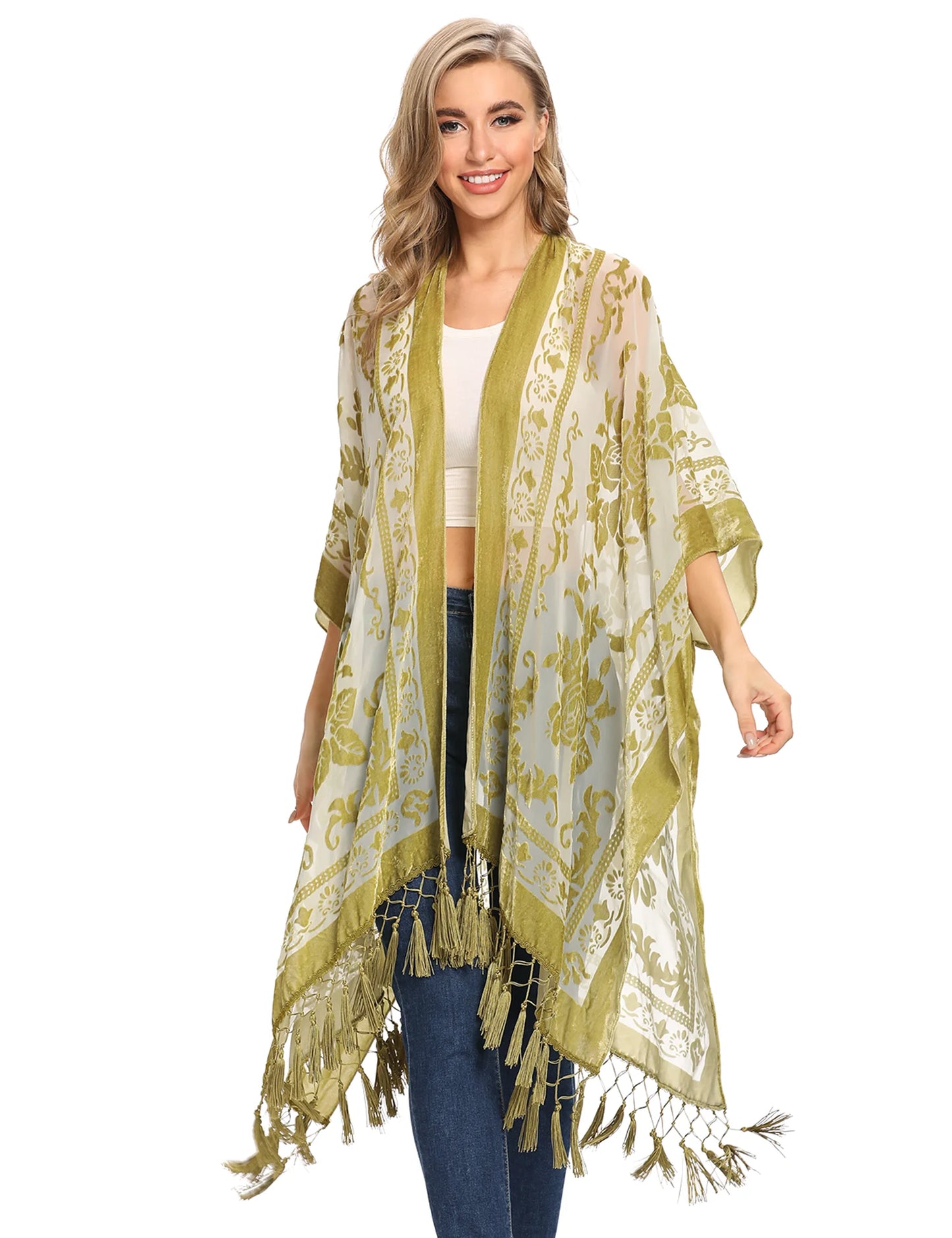 WeHello Bohemian burnt plush kimono Women's long Purple Tassel Beach Cover-up Holiday Casual Cardigan Shawl JYPF-20