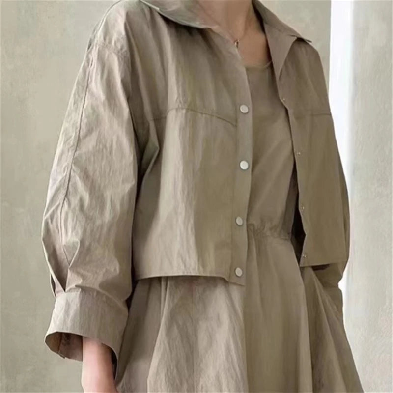 Summer 2 Pieces Women's Dress Suits Turn-down Short Jacket and Solid Casual Tank Dress Sets Outfits 2024 New Spring