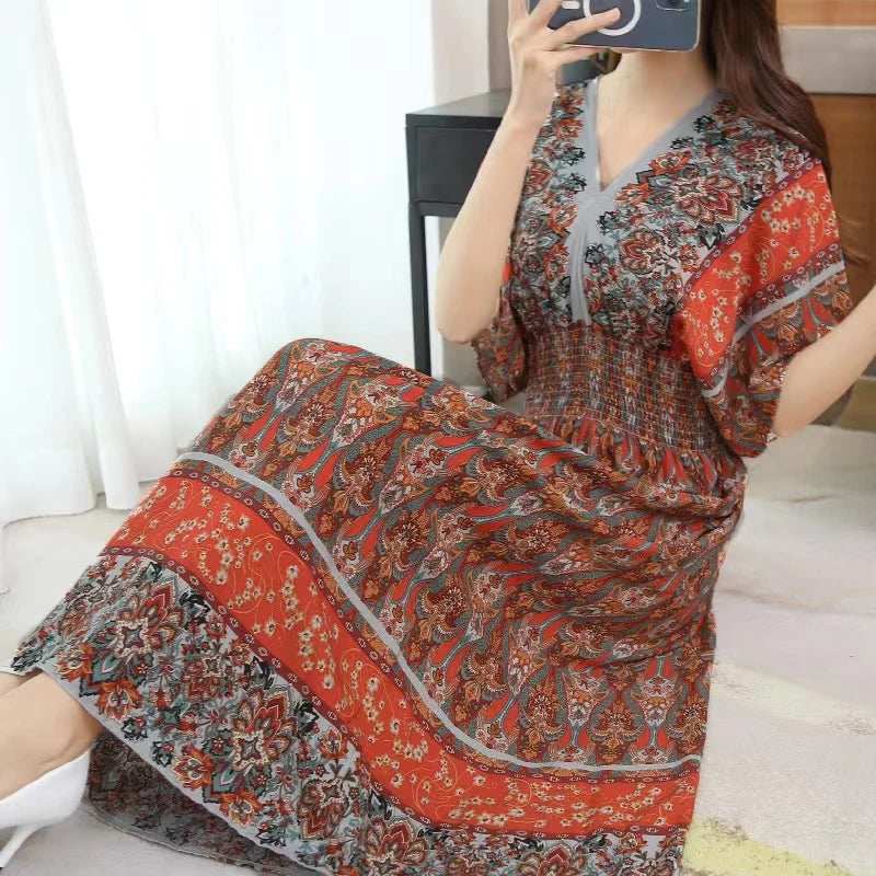 Casual Elegant Retro Bohemian National Style V-neck Elastic Waist Large Swing Printed Summer Long Skirt Woman Dress Clothes