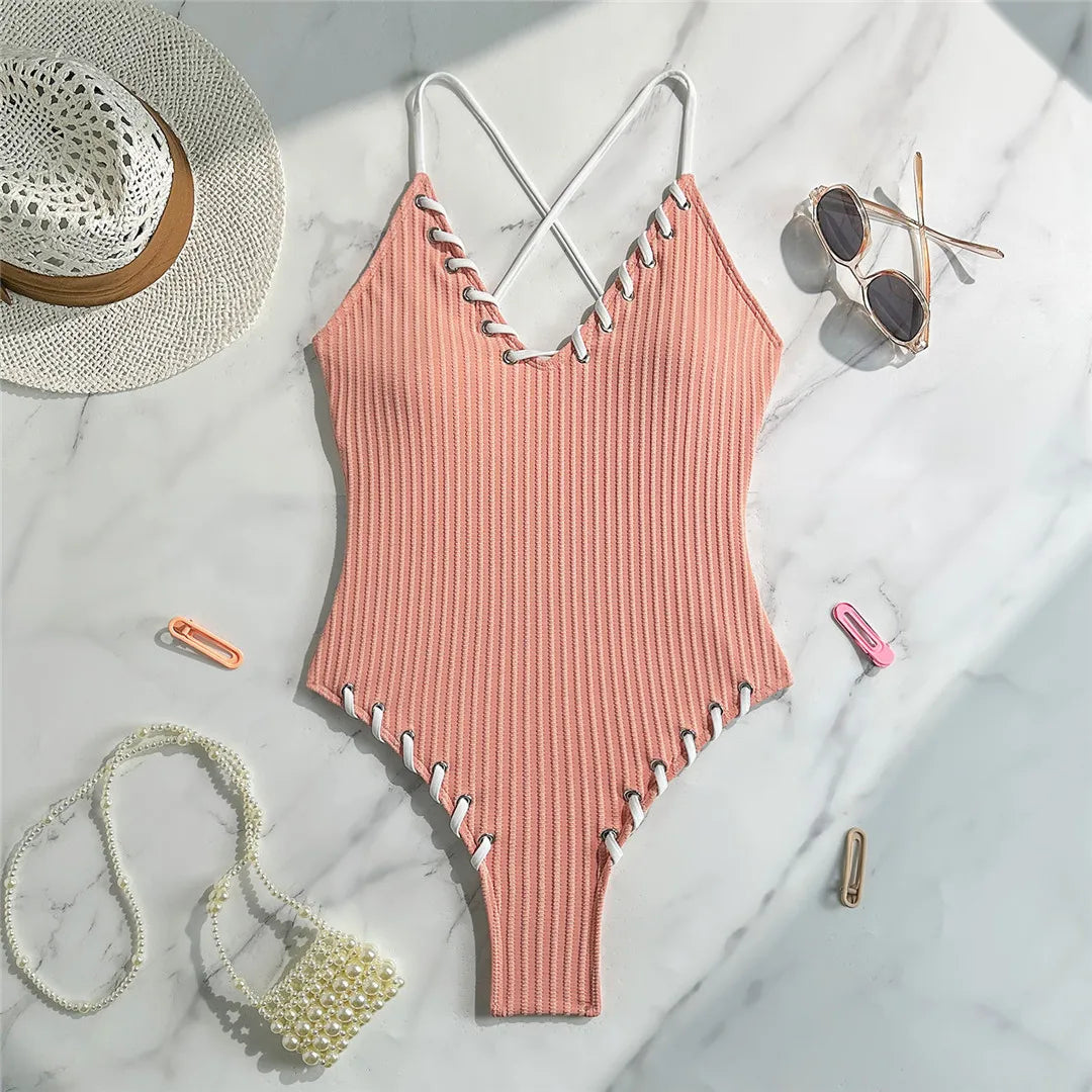 5 Colors V Neck Ribbed Cross Back One Piece Swimsuit Women Swimwear Female High Leg Cut Monokini Bather Bathing Suit Swim V6278