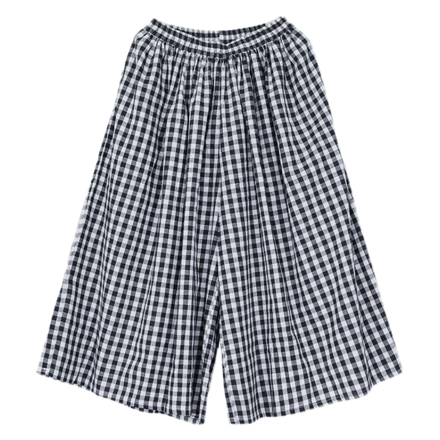 Summer New Culotte Pants High Waist Pleated Slanted Pocket A-Shaped Wide Leg Covering Span Checkered Printing Trousers
