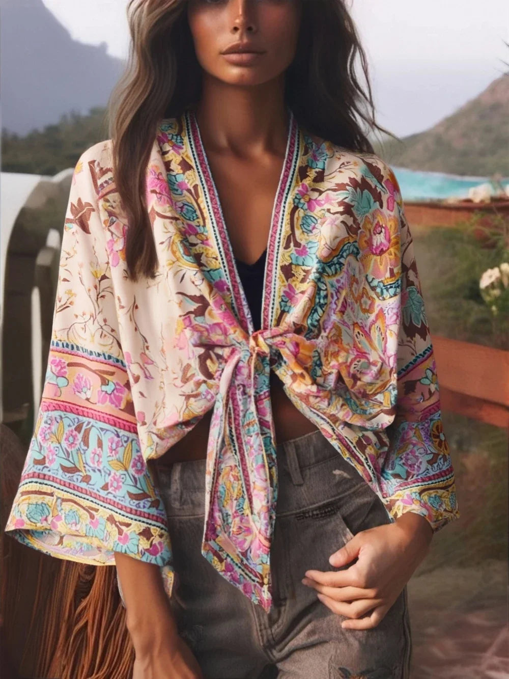 Happie Queens Floral Print Sashes Short Kimono Women Fashion V Neck Batwing Sleeves Robe Lady Boho Bikini Cover-ups