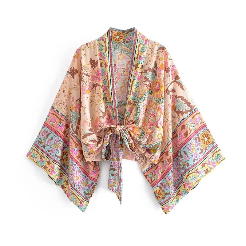 Happie Queens Floral Print Sashes Short Kimono Women Fashion V Neck Batwing Sleeves Robe Lady Boho Bikini Cover-ups