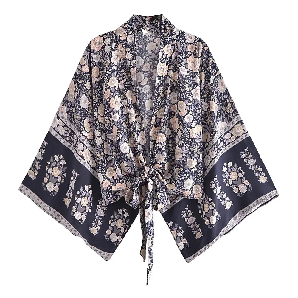 Happie Queens Floral Print Sashes Short Kimono Women Fashion V Neck Batwing Sleeves Robe Lady Boho Bikini Cover-ups