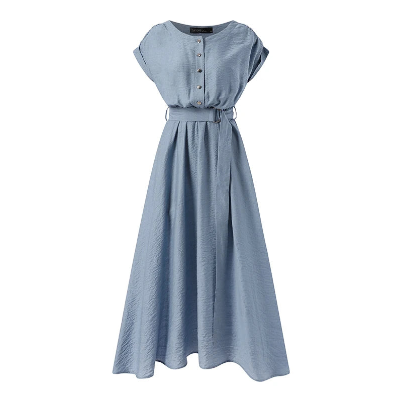 Women Fashion Short Sleeve Dress Summer Elegant Party Vestidos Casual Mid-calf Sundress Femme Vintage OL Robe Kaftan