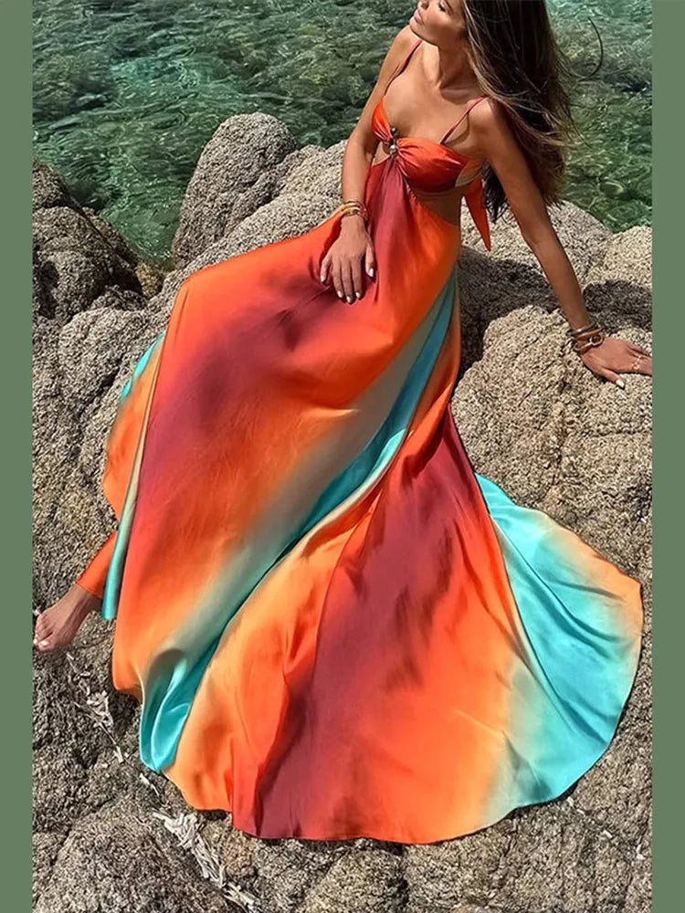 Fashion Gradient Hollow Out Maxi Dress Women Bohemia Spaghetti Strap Sleeveless Backless Beach Dresses Female Vacation Chic Robe