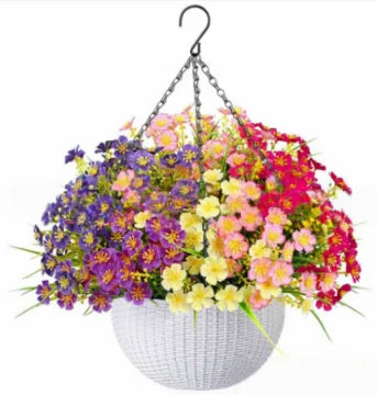 Fake Hanging Flowers With Basket -Artificial Flowers, Outdoor/Indoor Patio Lawn Decor, Artificial Hanging Plants For Wall, , Roo