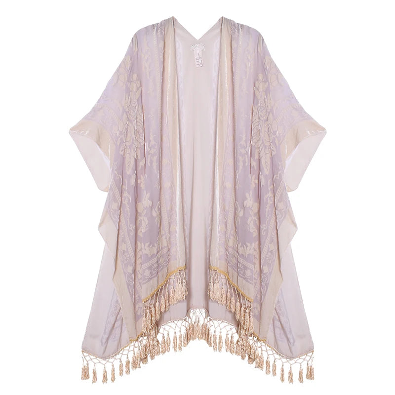 WeHello Bohemian burnt plush kimono Women's long Purple Tassel Beach Cover-up Holiday Casual Cardigan Shawl JYPF-20