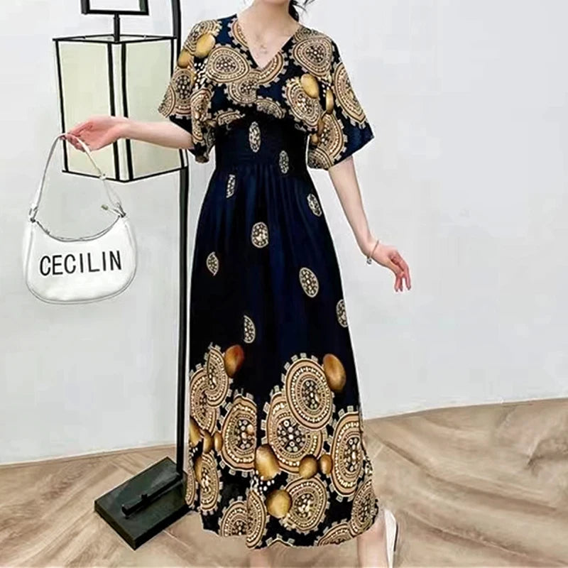 Casual Elegant Retro Bohemian National Style V-neck Elastic Waist Large Swing Printed Summer Long Skirt Woman Dress Clothes