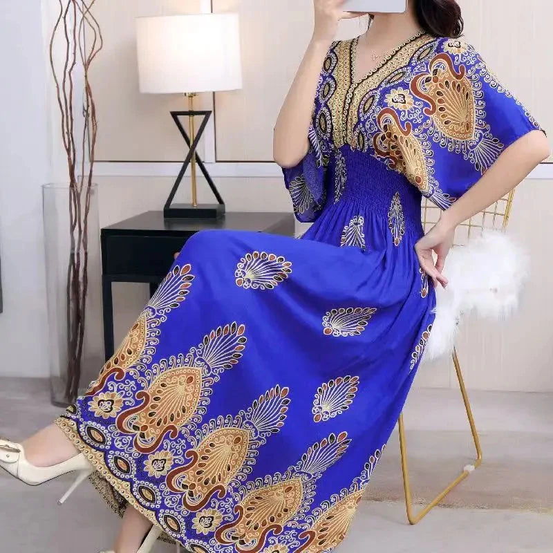 Casual Elegant Retro Bohemian National Style V-neck Elastic Waist Large Swing Printed Summer Long Skirt Woman Dress Clothes