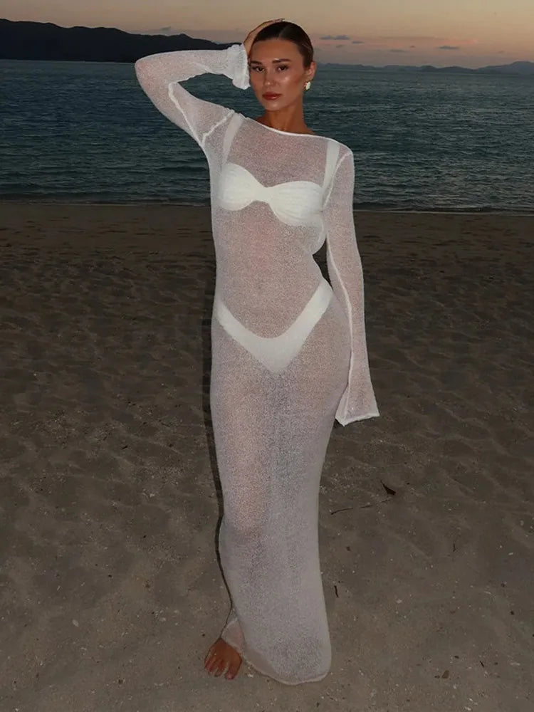 New Summer Solid Maxi Dresses Fashion Long Sleeves Deep Low Neck Back Hollow Out See Through Women Robes 2025 Chic Holiday Wear