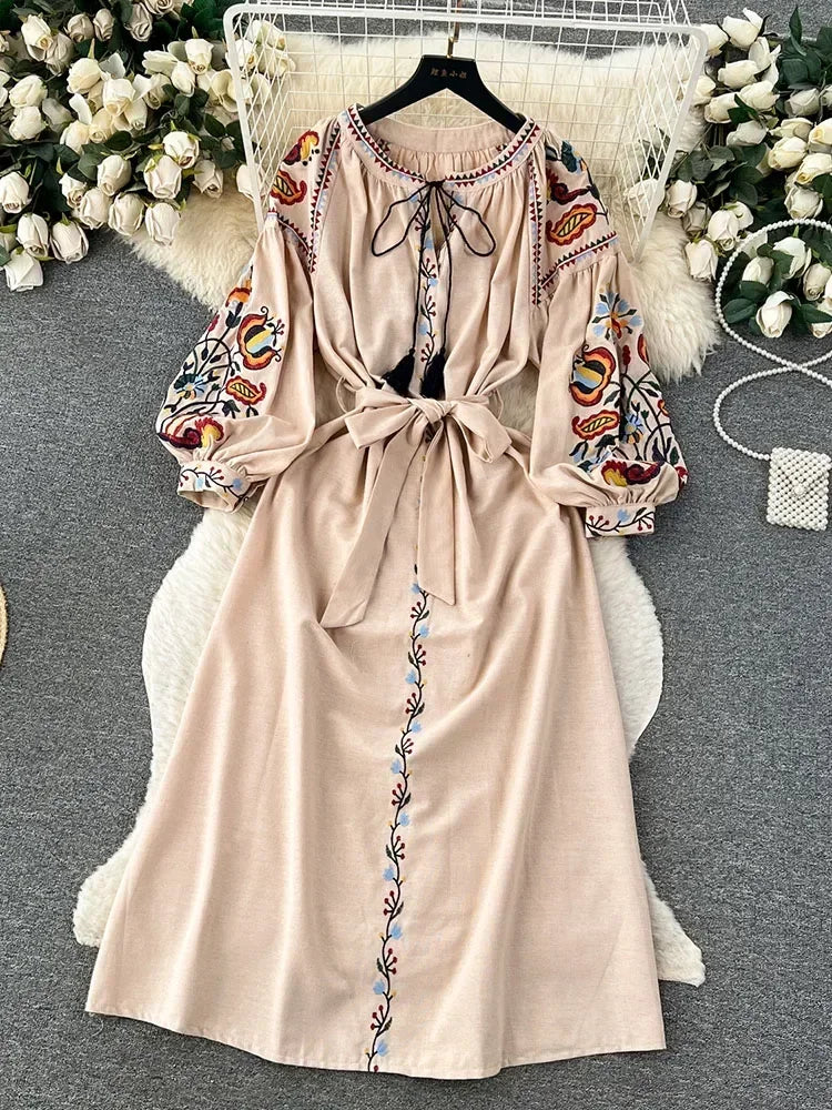 Women Spring Autumn Dress Vintage Ethnic Style Lantern Long Sleeve Embroidered Round Neck Slim A-line Cotton Linen Dress D4930