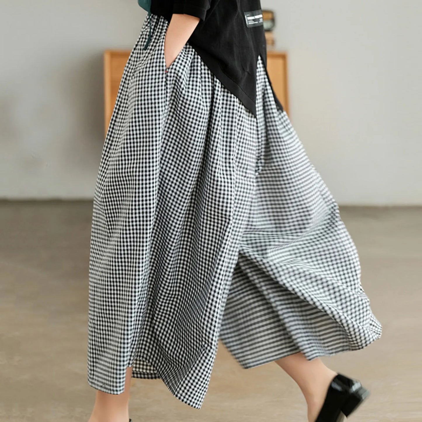 Summer New Culotte Pants High Waist Pleated Slanted Pocket A-Shaped Wide Leg Covering Span Checkered Printing Trousers
