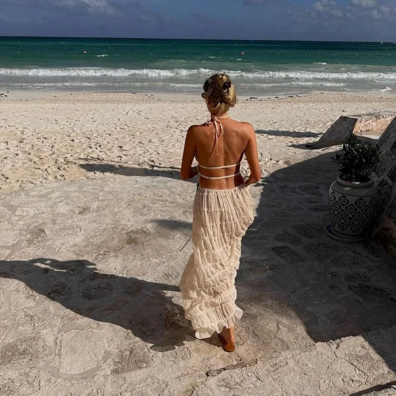 Pleated Crop Tops Long Skirt Suit Women Halter Sleeveless Backless Skirts Set 2024 Summer Ladies Sexy 2 Piece Set Beach Outfit