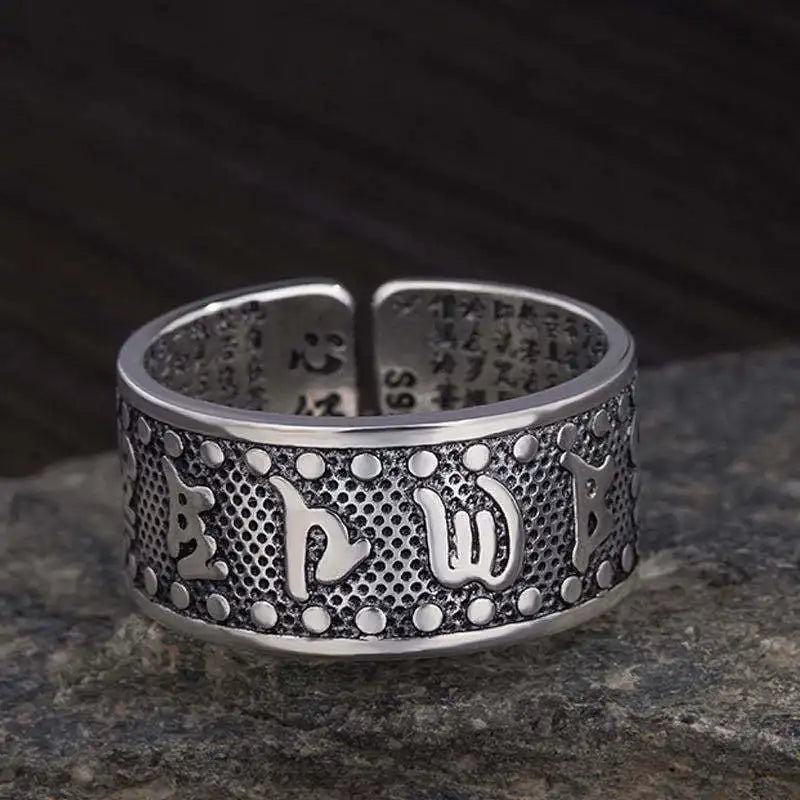 Retro Ancient Silver Plated Buddhist Six Character DAMING Mantra Tibetan Resizable Ring for Men Feng Shui Amulet Protection Ring