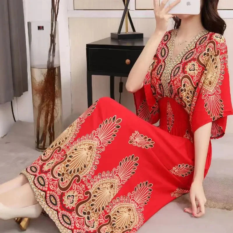 Casual Elegant Retro Bohemian National Style V-neck Elastic Waist Large Swing Printed Summer Long Skirt Woman Dress Clothes