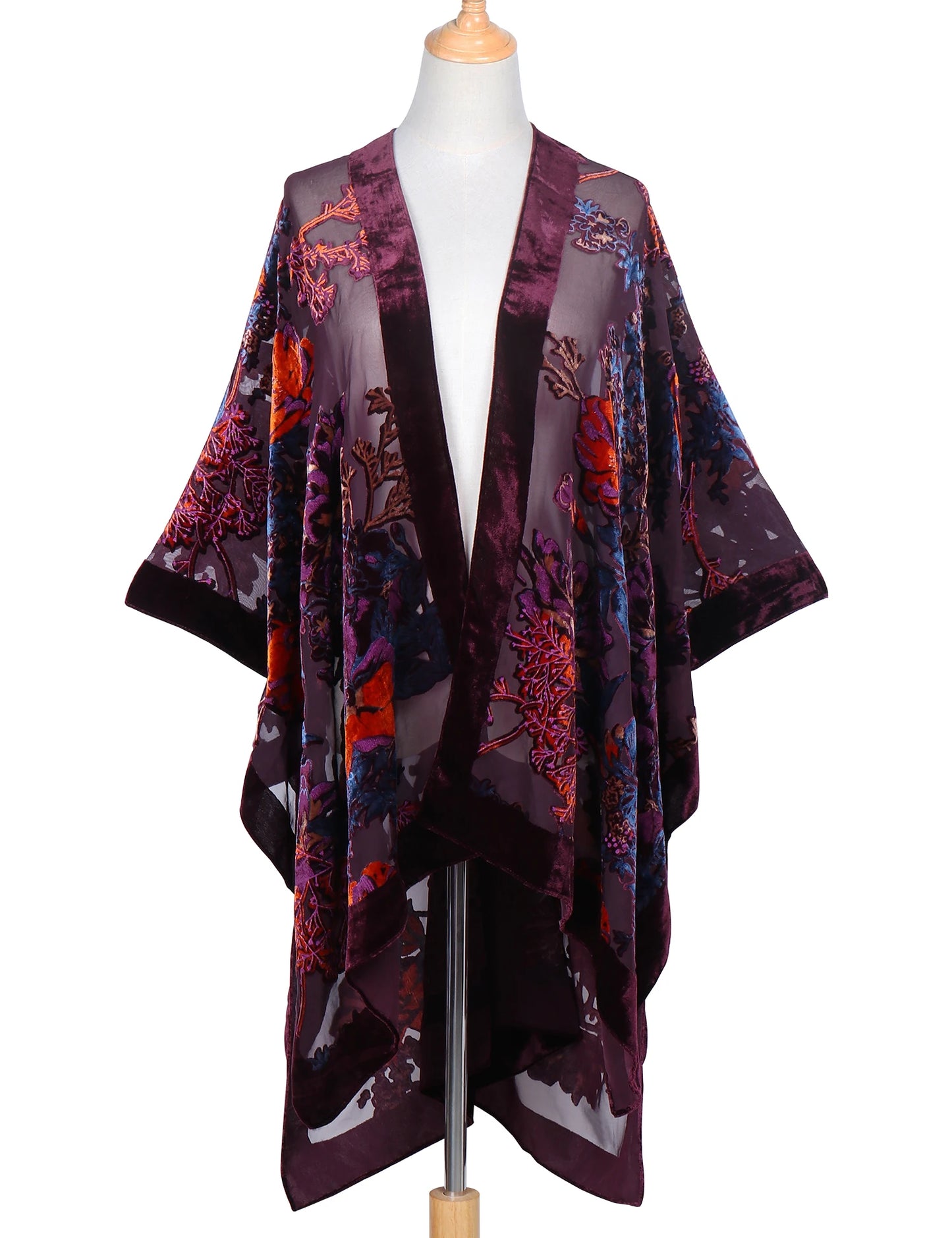 WeHello Bohemian burnt plush kimono Women's long Purple Tassel Beach Cover-up Holiday Casual Cardigan Shawl JYPF-20