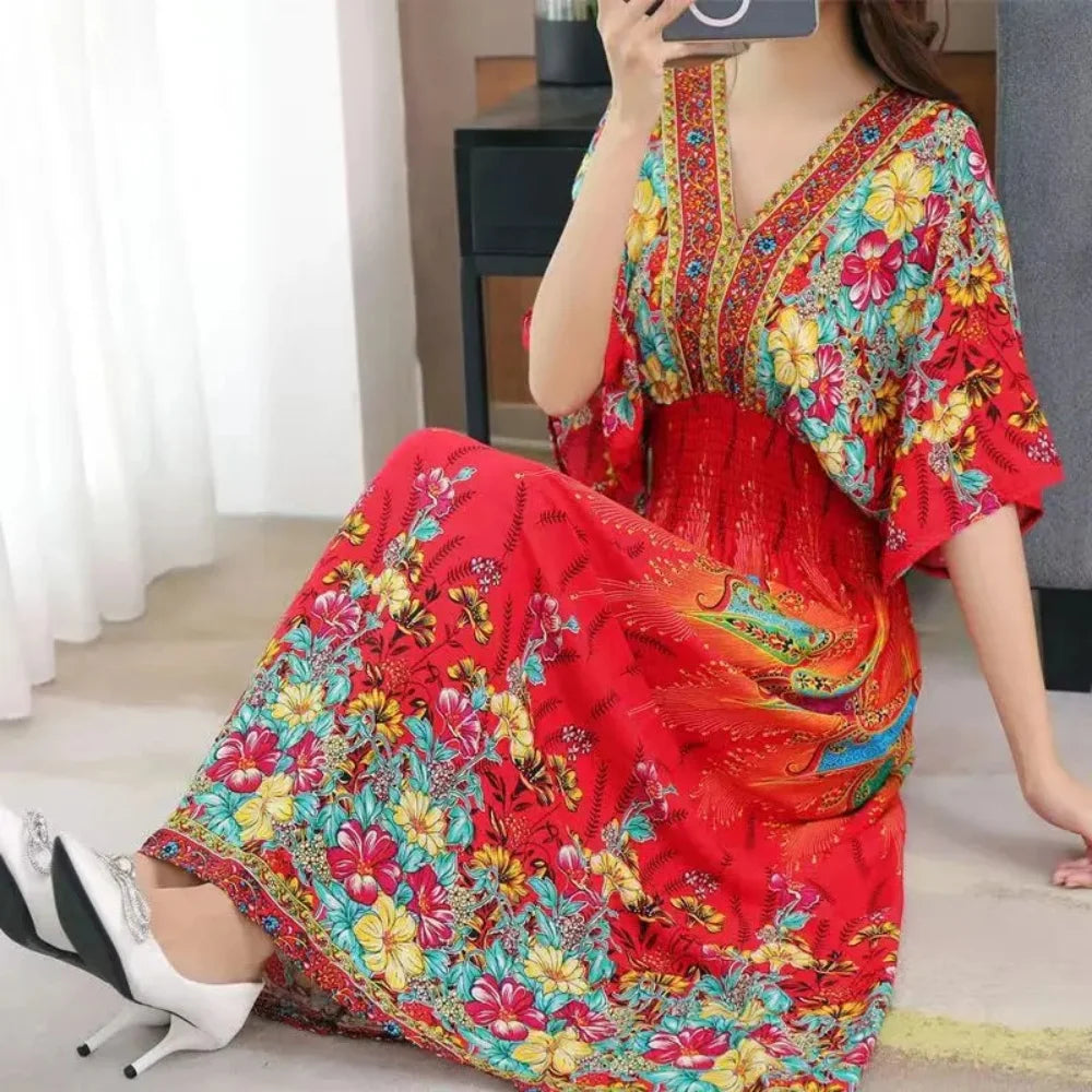 Casual Elegant Retro Bohemian National Style V-neck Elastic Waist Large Swing Printed Summer Long Skirt Woman Dress Clothes