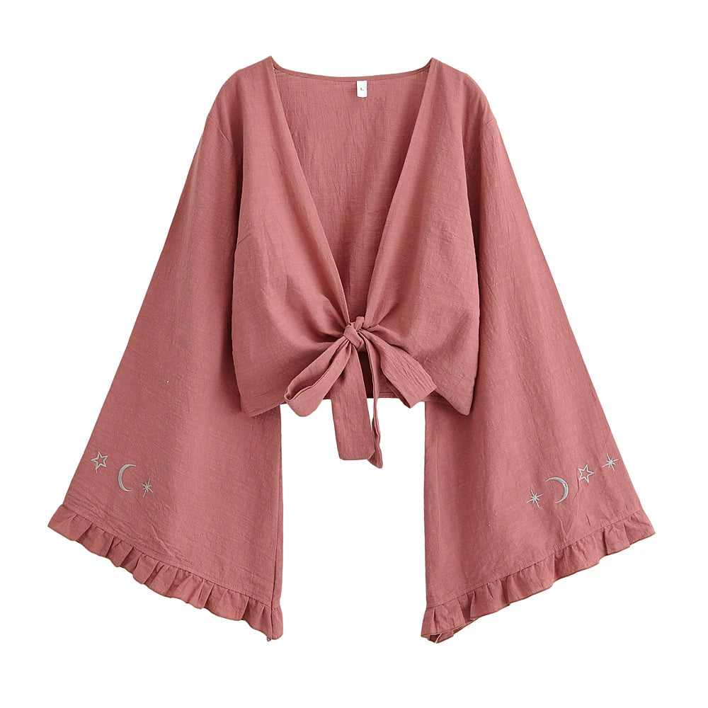 Boho Queens Women Star Moon Embroidery Ruffles Flare Sleeve Short Bohemian Kimono Vacation Beach Summer Bikini Boho Cover-ups