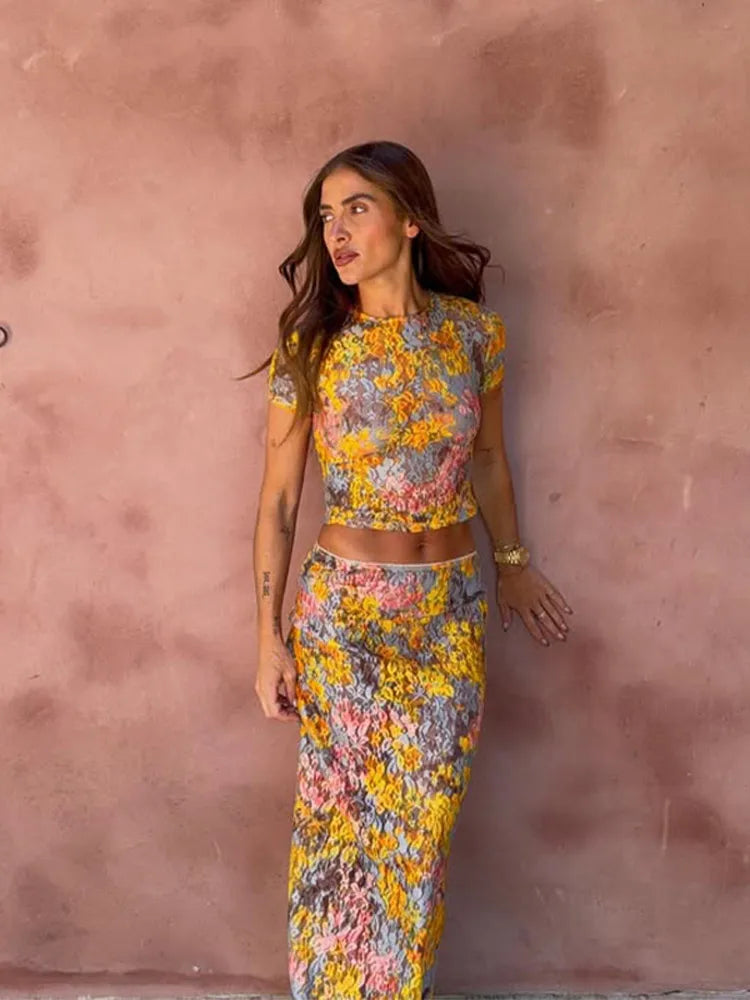 Elegant Flower Print Short Sleeve Shirt Long Skirt Set Women Bodycon O-neck Tops Skirt 2025 New Vocation Beach Street Outfit
