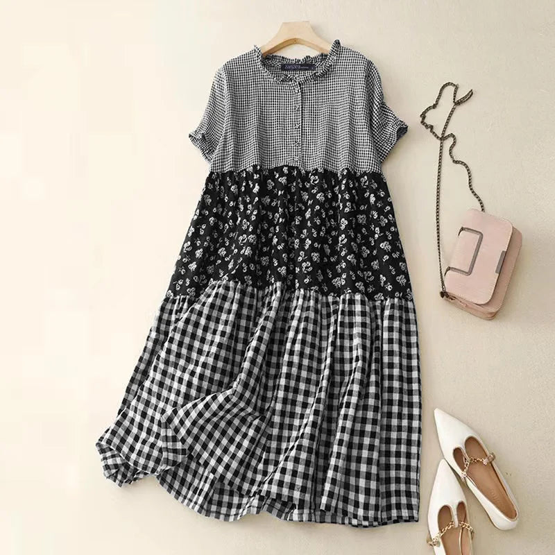 Women Plaid Long Dress 2024 Summer Holiday Pleating Stitching Shirt Dress Casual Loose Short Sleeve Robe Fashion Sundress