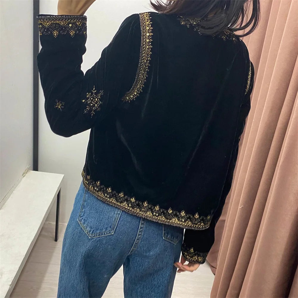 Zarb Spring/Summer New Women's Fashion and Versatile Slim Fit Trendy Palace Embroidered Velvet Coat