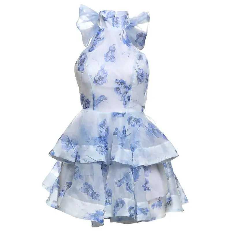 Floral Print Halter Ruffles Dresses Women's Elegant Backless Sleeveless Bow Lace Up Mini Dress 2025 Summer New Lady Party Robes